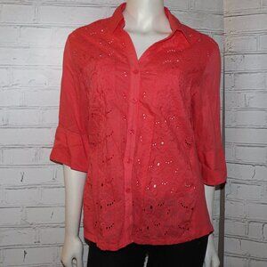 🌺 Cathy Daniels Coral Blouse – Button-Down & Breezy – Size L